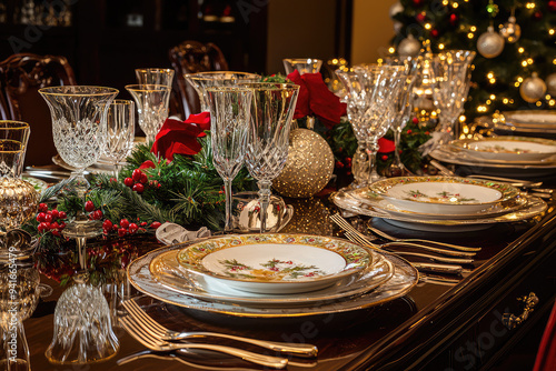 A Stunning Christmas Eve Table Setting Ready for a Festive Feast with Beautiful Decor and Vibrant Greenery Enhancing the Atmosphere. photo