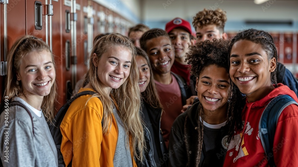 A diverse group of high school students standing in front of lockers. Multicultural, diverse children, open education, international school. A diverse group of high school students standing in front of lockers. Multicultural, diverse children, open education, international school.