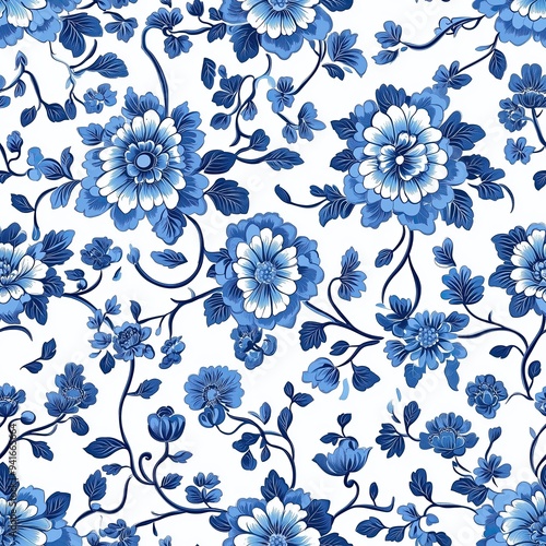 traditional chinese floral porcelain style pattern with lots of flowers and leaves in blue on a white background.