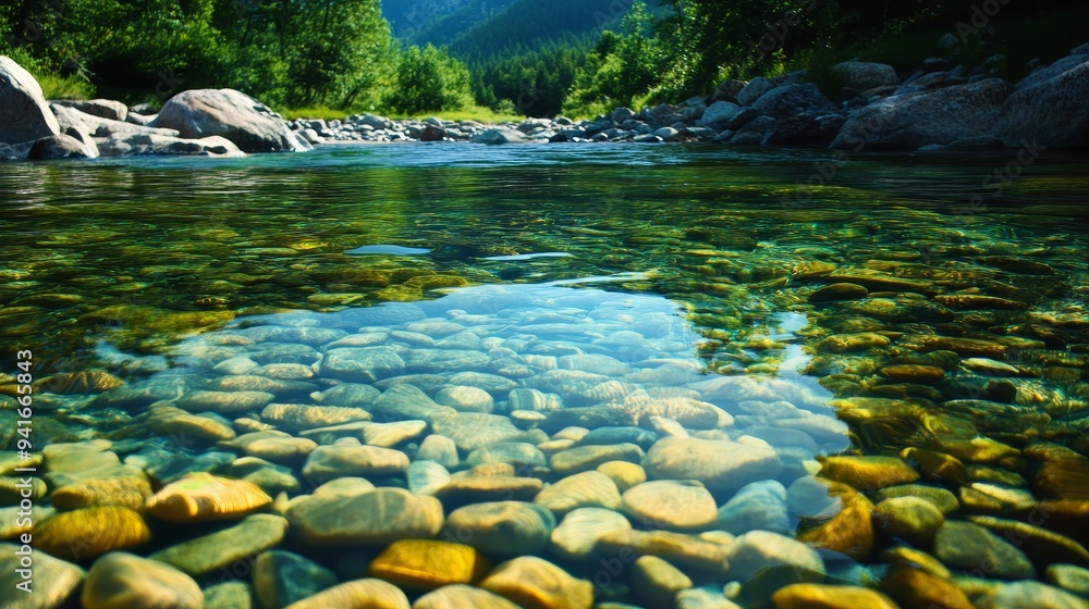 A serene mountain stream with crystal clear water flowing over smooth river rocks. The lush greenery and blue sky create a tranquil scene. A serene mountain stream with crystal clear water flowing over smooth river rocks. The lush greenery and blue sky create a tranquil scene.