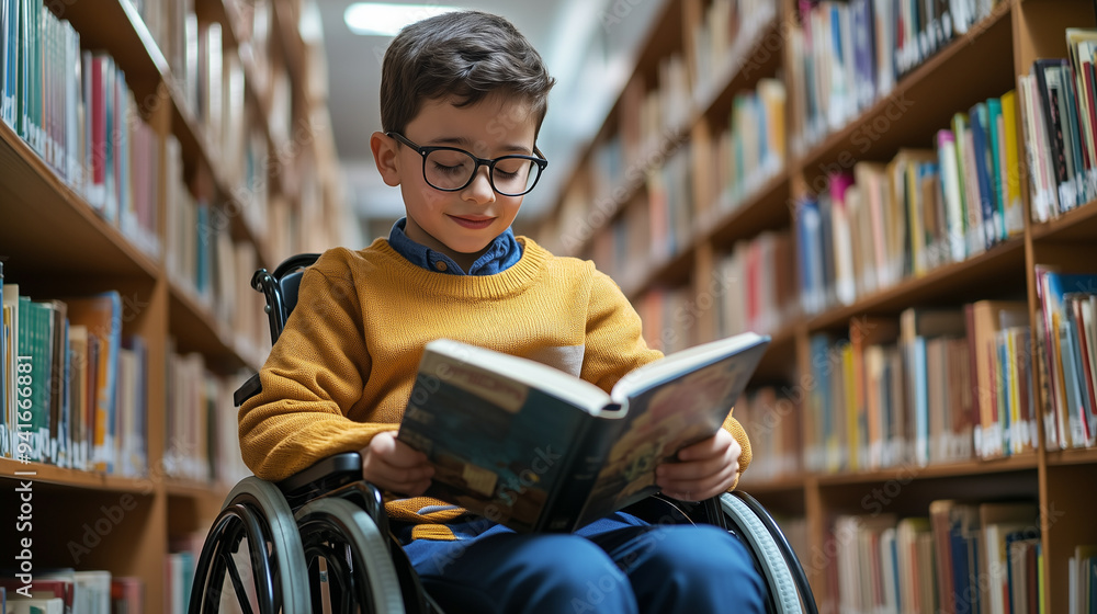 Happy young boy in a wheelchair is reading a book in the library, surrounded by bookshelves Happy young boy in a wheelchair is reading a book in the library, surrounded by bookshelves