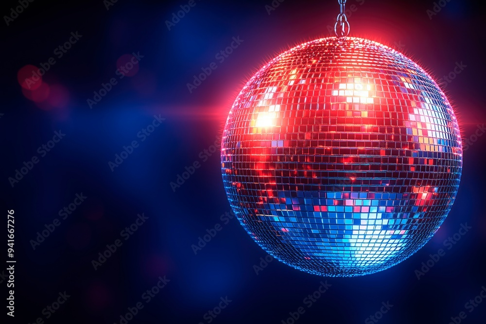 Fototapeta premium Disco ball shining at dance party, website advertising, music banner, disco pub banner, copy space for text