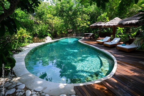 A remote hot spring in the middle of a dense jungle, with vines and exotic plants surrounding the pool