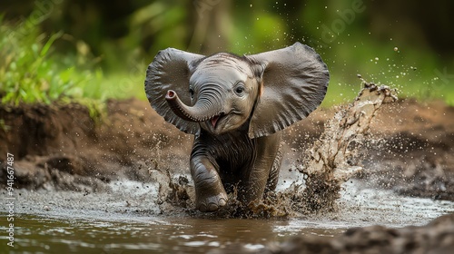 playful elephant calf splashing in a muddy waterhole, its tiny trunk flailing with excitement as it discovers the joys of the wild photo