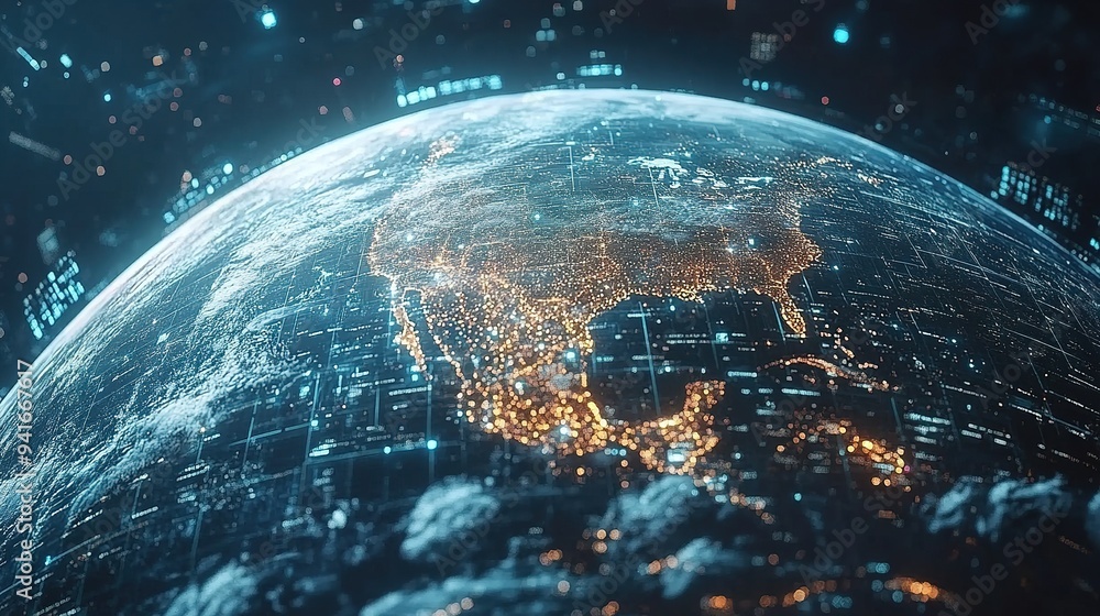 Obraz premium Globalization of technological earth in 3d. Global Business Point on a rotating planet.