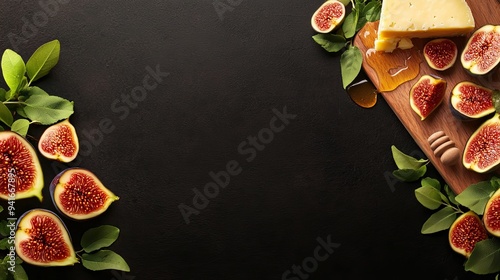 Juicy figs halved, honey drizzle, served with gourmet cheese, rustic elegance, 3D illustration, copy space for text