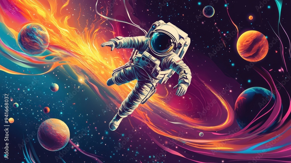A dynamic vector illustration of a futuristic astronaut exploring a distant galaxy, surrounded by planets and cosmic objects. A dynamic vector illustration of a futuristic astronaut exploring a distant galaxy, surrounded by planets and cosmic objects.