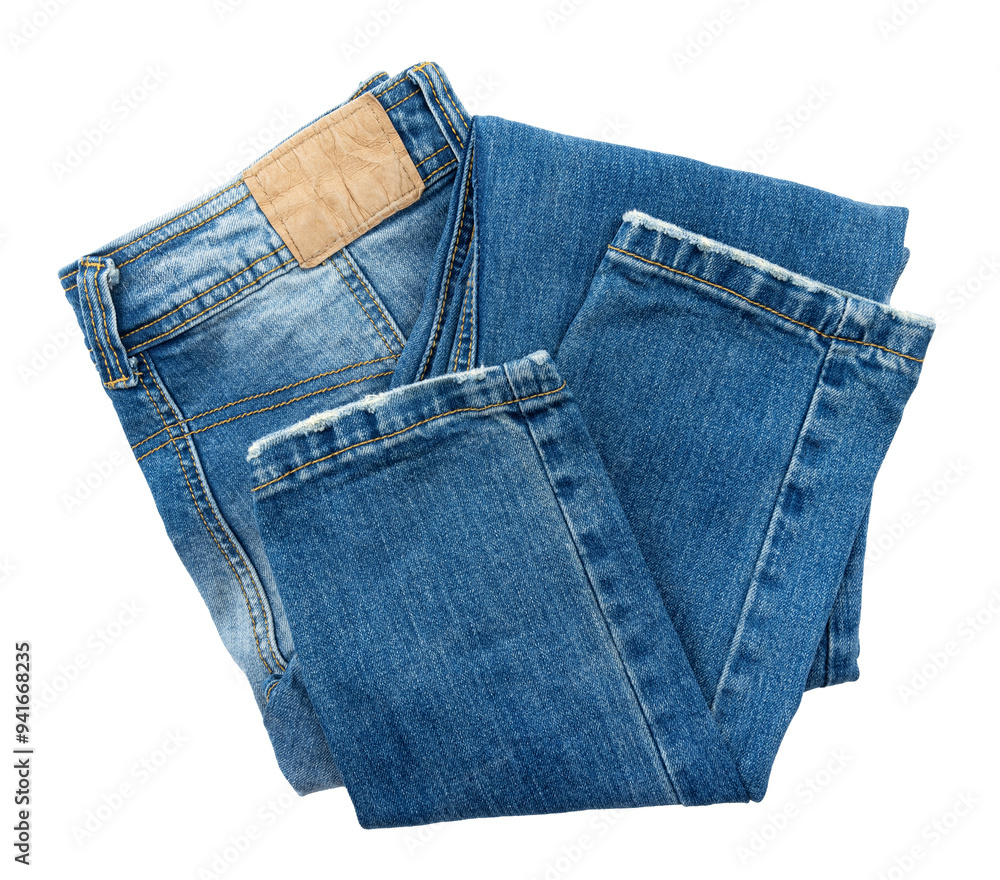 Folded dark blue jeans on a white background. Cloth. Jeans isolate Folded dark blue jeans on a white background. Cloth. Jeans isolate