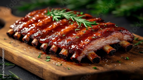 Juicy rack of ribs, sticky barbecue glaze, glistening on wooden platter, 3D illustration photo