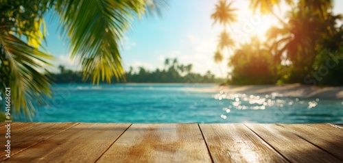 A serene tropical beach view with palm trees and tranquil waters, perfect for relaxation and vacation imagery.