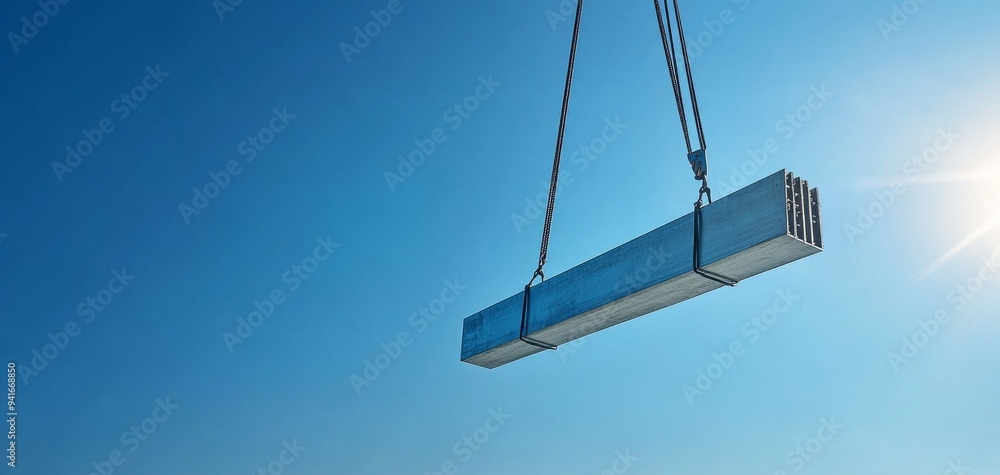 A steel beam suspended in the sky, showcasing construction equipment against a clear blue backdrop. A steel beam suspended in the sky, showcasing construction equipment against a clear blue backdrop.