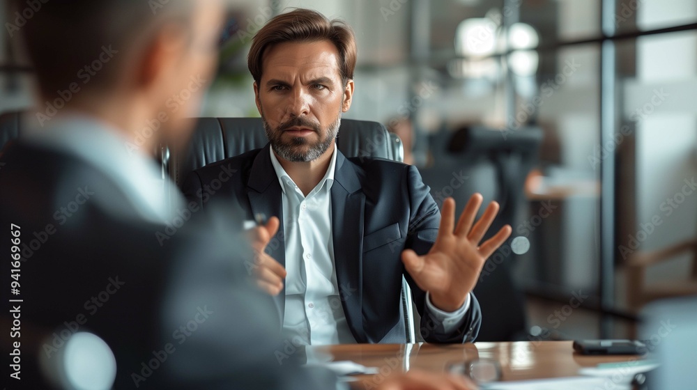Strick man boss firing employee in office image. Mature male company manager dismissing worker from position photography scene wallpaper. Business concept photorealistic photo Strick man boss firing employee in office image. Mature male company manager dismissing worker from position photography scene wallpaper. Business concept photorealistic photo