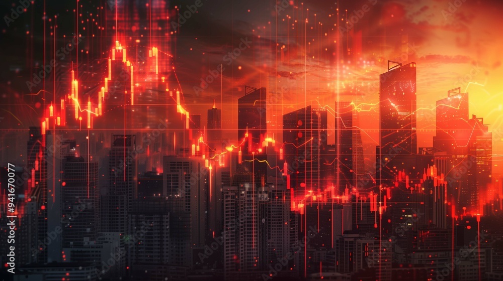 Fototapeta premium Falling down charts against downtown silhouette background image. Economy decrease 3d illustration wallpaper picture backdrop. Depression concept for business presentation corporate