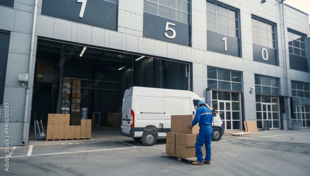 Warehouse worker in blue uniform unloading cardboard boxes from a white delivery van at an industrial warehouse facility with numbers 1510 on the building. Daytime, logistics operations. Warehouse worker in blue uniform unloading cardboard boxes from a white delivery van at an industrial warehouse facility with numbers 1510 on the building. Daytime, logistics operations.