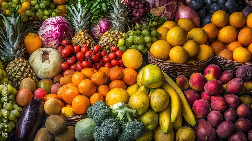 A fruit market stall overflowing with a variety of colorful, fresh fruits and vegetables, neatly arranged to create a vibrant and inviting A fruit market stall overflowing with a variety of colorful, fresh fruits and vegetables, neatly arranged to create a vibrant and inviting