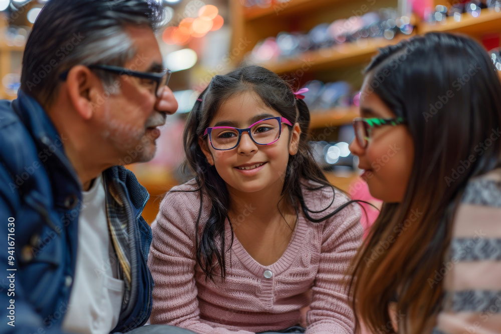 Smiling family shopping for new glasses, with focus on a young girl wearing eyeglasses, surrounded by her relatives in an optical store. Smiling family shopping for new glasses, with focus on a young girl wearing eyeglasses, surrounded by her relatives in an optical store.