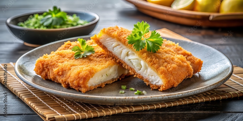 A close-up shot of a fish katsu slice, showcasing the tender, flaky fish interior and the crispy breading exterior A close-up shot of a fish katsu slice, showcasing the tender, flaky fish interior and the crispy breading exterior
