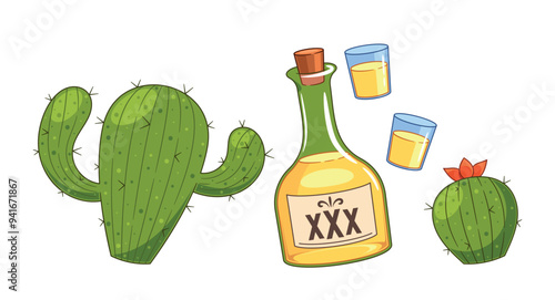 Colorful Wild West Icons Such As Green Cacti, A Bottle Of Liquor Or Tequila With Xxx Label, And Two Shot Glasses