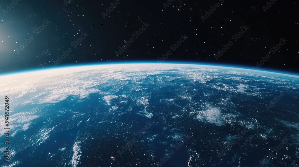 Obraz premium A high-altitude view from 20km above ground, revealing the Earth's curve and the thin blue line of the atmosphere against the dark void of space