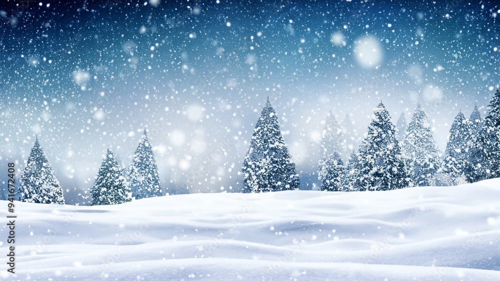 Snowy Winter Forest with Falling Snowflakes and Frosty Trees Magical Background with Copyspace Snowy Winter Forest with Falling Snowflakes and Frosty Trees Magical Background with Copyspace