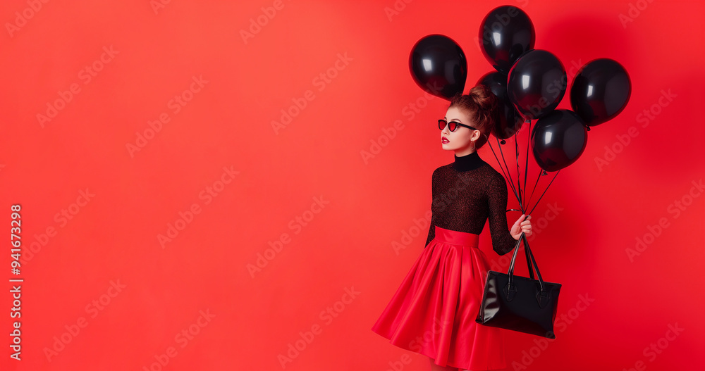 Fototapeta premium Black Friday promotion background template with a stylish woman in a red skirt and black top holding black balloons and a handbag, standing against a red background