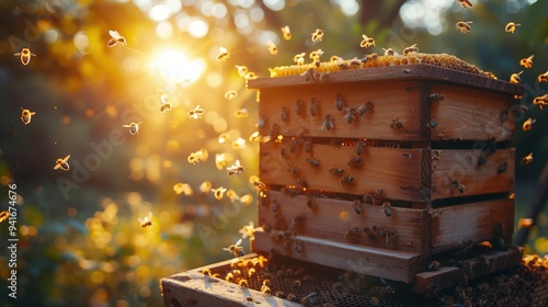 Swarms of bees at the hive entrance flying around in the summer air on the field photo