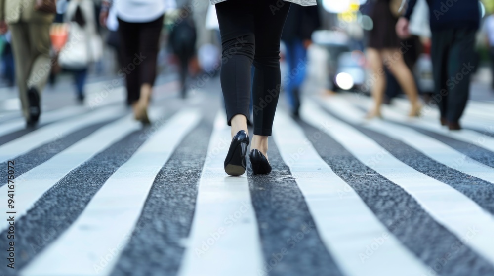 A woman walks on a crosswalk in a busy city, suitable for urban lifestyle or transportation themes A woman walks on a crosswalk in a busy city, suitable for urban lifestyle or transportation themes