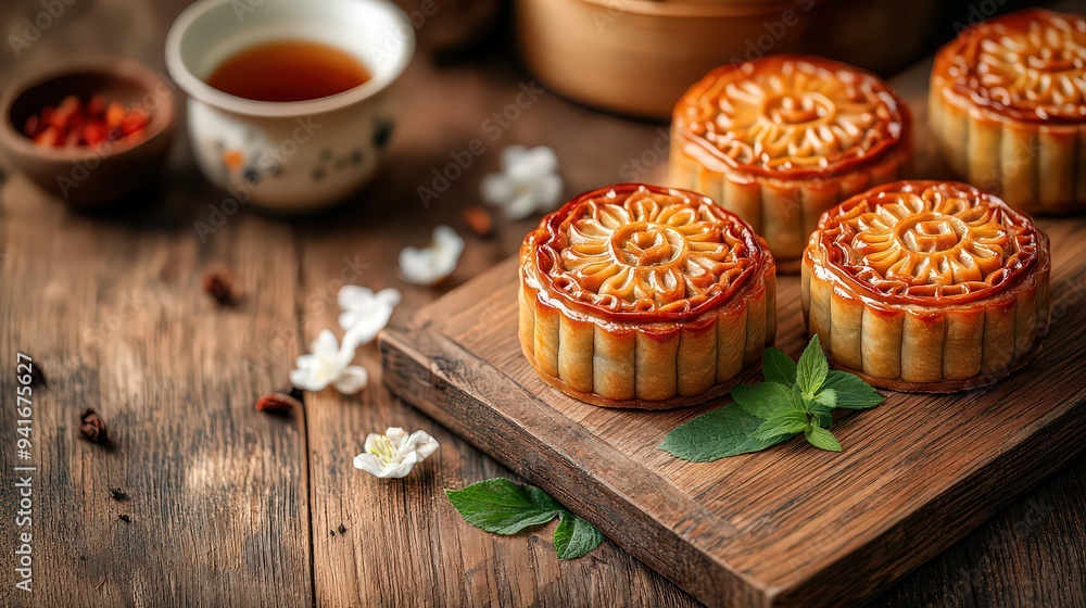 Traditional mooncakes on a wooden board with tea and flowers. Traditional mooncakes on a wooden board with tea and flowers.