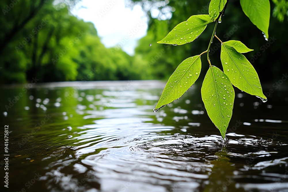 A sad willow by a quiet riverside, its branches trailing in the water as soft rain creates ripples across the surface A sad willow by a quiet riverside, its branches trailing in the water as soft rain creates ripples across the surface