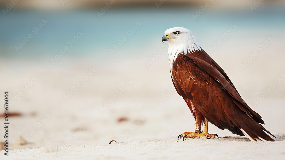 Fototapeta premium A Brahminy kite sitting alert on a sandy beach 