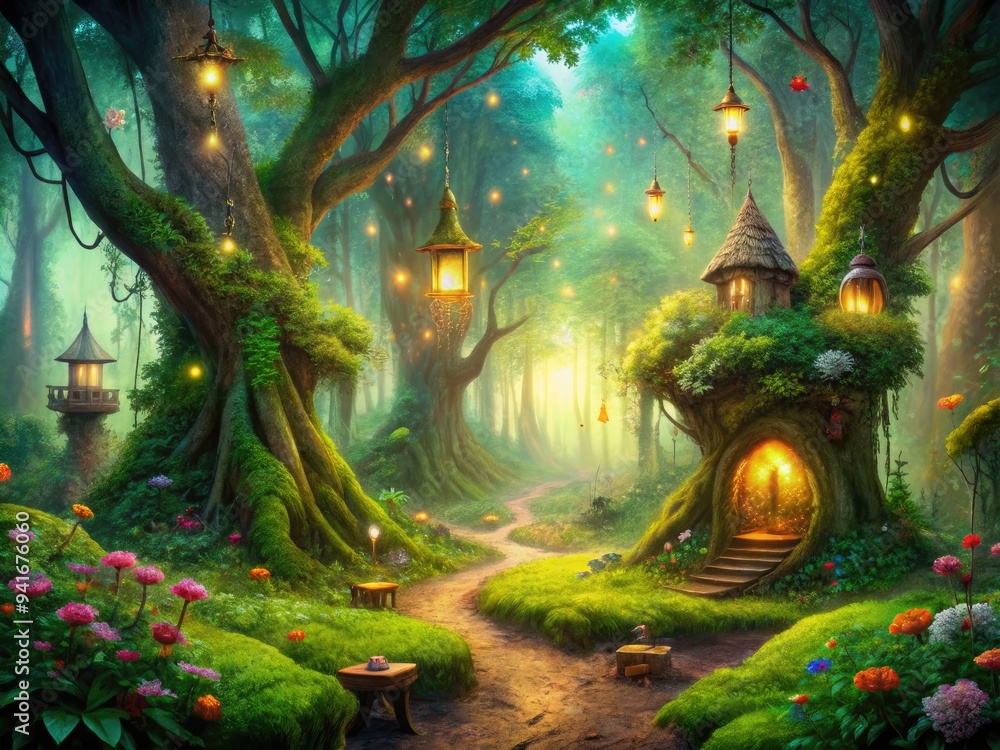 Fototapeta premium Enchanting Forest: Lush greenery, mystical creatures, whimsical ambiance conjuring a realm of magic and enchantment.