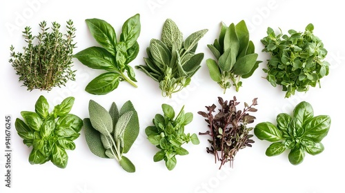  Collection of various fresh herbs on a white background.