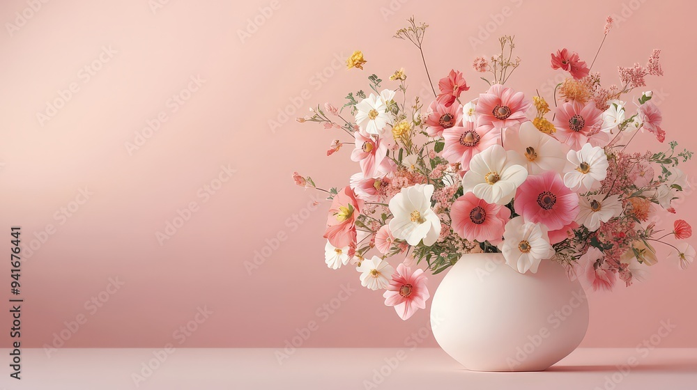 Elegant bouquet of pastel flowers in a white vase against a soft pink background. Elegant bouquet of pastel flowers in a white vase against a soft pink background.