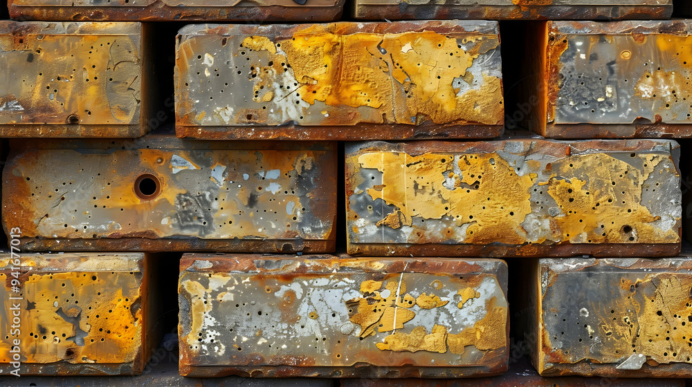 Close up of stacked, weathered, rusted metal with round holes and chipped paint. Close up of stacked, weathered, rusted metal with round holes and chipped paint.