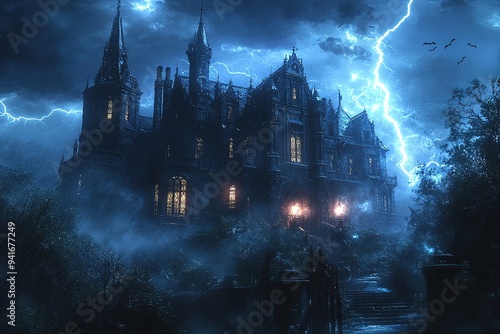 Scary Gothic castle on Halloween night, haunted palace or mansion for dark blue background. Spooky view of old mystery castle and bats in full moon. Horror scene with big gloomy house, fantasy place