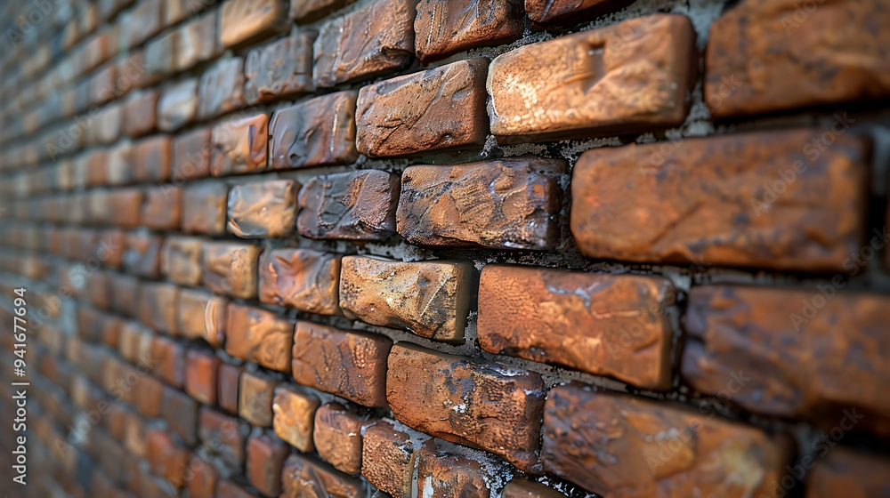 Close-up of a brick wall, focus on the top of the wall, with the rest of the wall blurry.