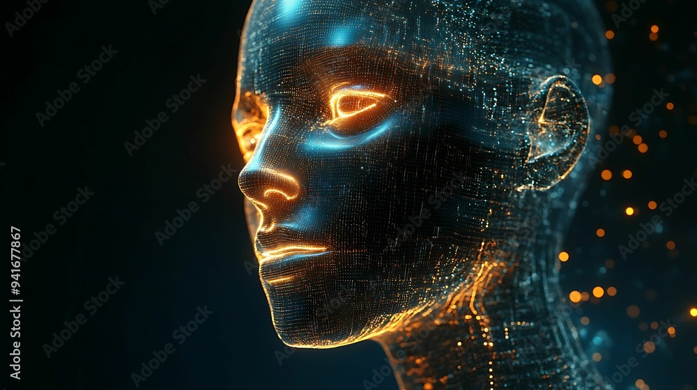 Close-up of a digital face with glowing data lines and particles, symbolizing advanced technology, artificial intelligence, and futuristic innovation. Close-up of a digital face with glowing data lines and particles, symbolizing advanced technology, artificial intelligence, and futuristic innovation.