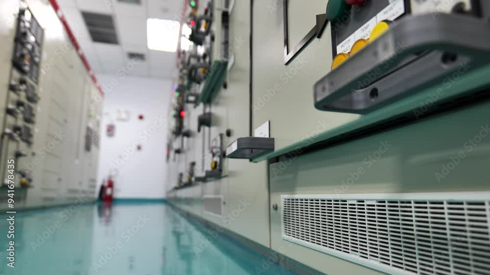 Discover the advanced technology within an electrical substation through a 4K dolly shot, emphasizing high-tech power distribution control cabinets. Discover the advanced technology within an electrical substation through a 4K dolly shot, emphasizing high-tech power distribution control cabinets.