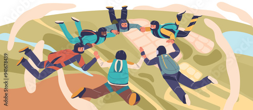 Group Of Skydivers Dressed In Colorful Gear Holding Hands In A Circle Formation While Freefalling Demonstrating Teamwork