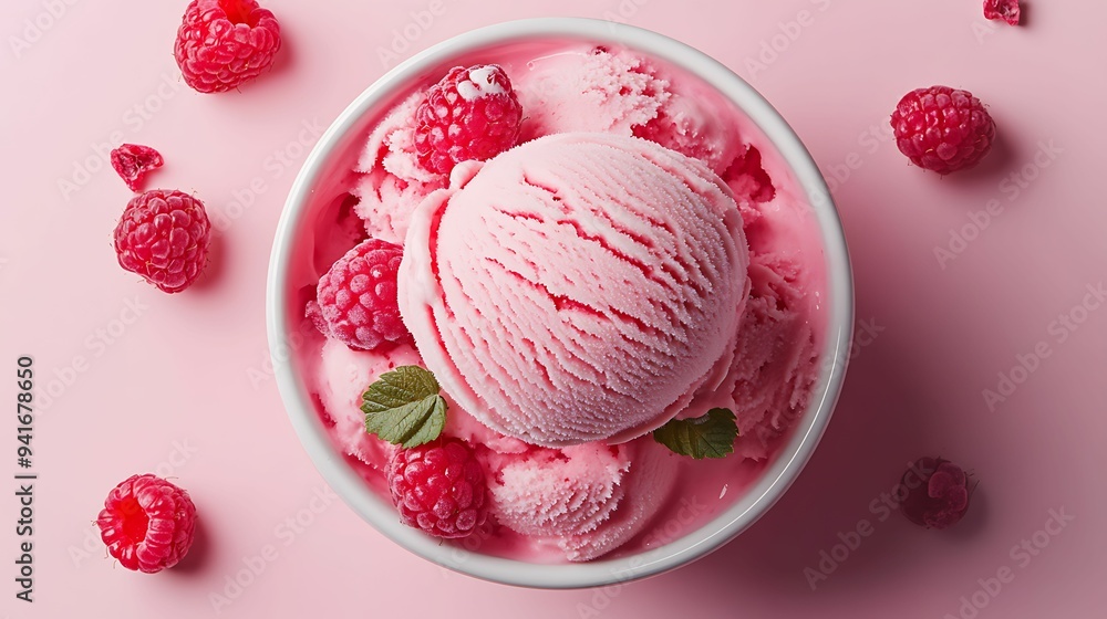 Close-up of a bowl of creamy raspberry ice cream garnished with fresh raspberries and mint leaves on a pink background. Close-up of a bowl of creamy raspberry ice cream garnished with fresh raspberries and mint leaves on a pink background.