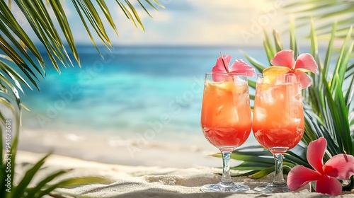 Fototapeta Naklejka Na Ścianę i Meble -  Two tropical cocktails garnished with flowers on a sandy beach with palm leaves, overlooking the ocean at sunset.