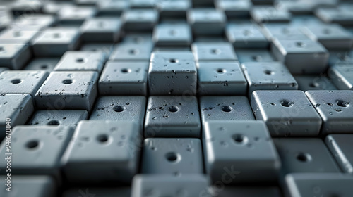 Closeup of a grid of gray blocks with holes, creating a futuristic and abstract background.