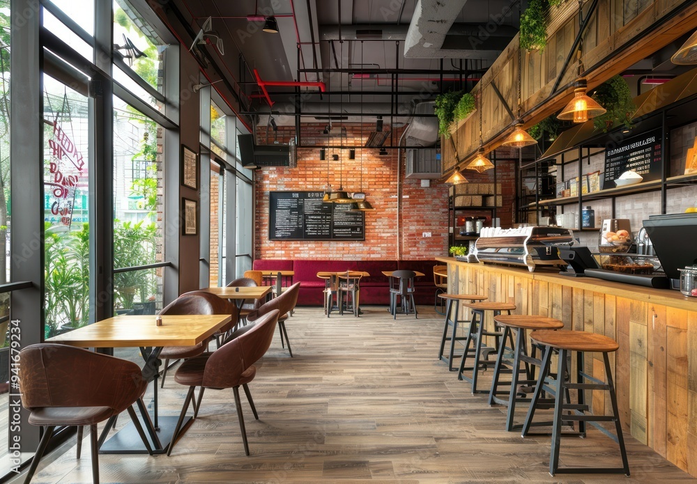 Naklejka premium Modern Cafe Interior Design with Rustic Wood and Brick Elements
