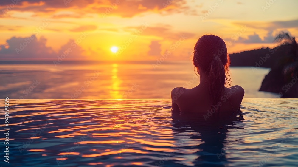 Woman enjoying a sunset view from an infinity pool Woman enjoying a sunset view from an infinity pool