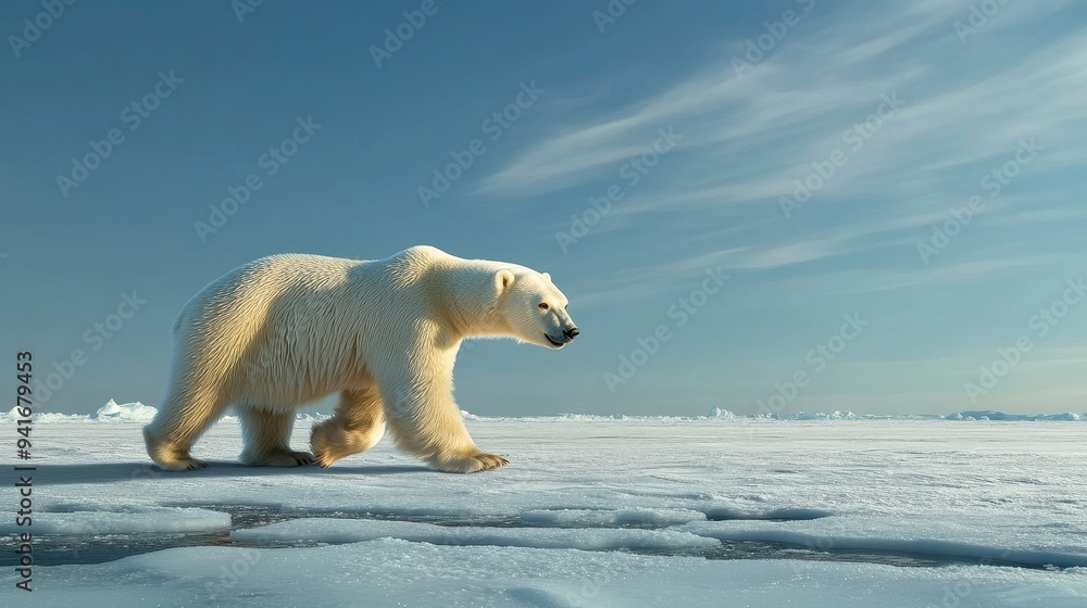 A solitary polar bear walks across a vast expanse of cracked ice in the Arctic, showcasing the beauty and fragility of this icy landscape. The bear symbolizes strength, resilience, and the importance A solitary polar bear walks across a vast expanse of cracked ice in the Arctic, showcasing the beauty and fragility of this icy landscape. The bear symbolizes strength, resilience, and the importance