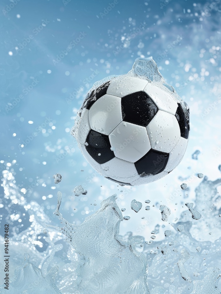 A soccer ball emerges from a splash of water, symbolizing energy, action, and the thrill of the sport. The blue background suggests a refreshing and invigorating atmosphere, while the water droplets r A soccer ball emerges from a splash of water, symbolizing energy, action, and the thrill of the sport. The blue background suggests a refreshing and invigorating atmosphere, while the water droplets r