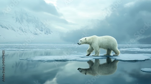 A solitary polar bear walks across a frozen landscape, its white fur blending with the snow and ice. The bear's reflection in the water creates a sense of solitude and fragility, symbolizing the chall