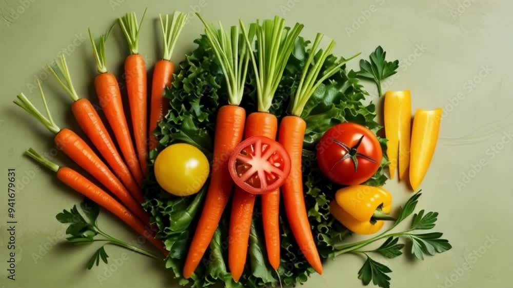 Healthy vegetables.Carrots, Tomatoes, and Peppers on a Green Background Healthy vegetables.Carrots, Tomatoes, and Peppers on a Green Background