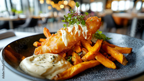 Gourmet Fusion Style A modern twist on fish and chips with tempura-battered fish and sweet potato fries, elegantly plated with a drizzle of aioli and garnished with microgreens photo