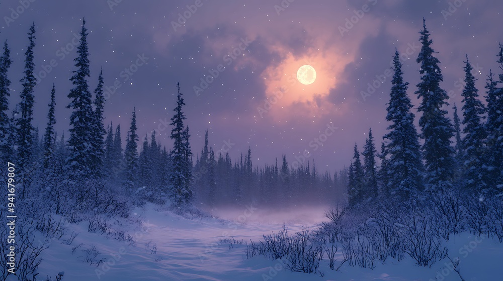 Obraz premium A tranquil winter night scene featuring a full moon illuminating a snow-covered forest, with gentle snowfall under a purple sky.
